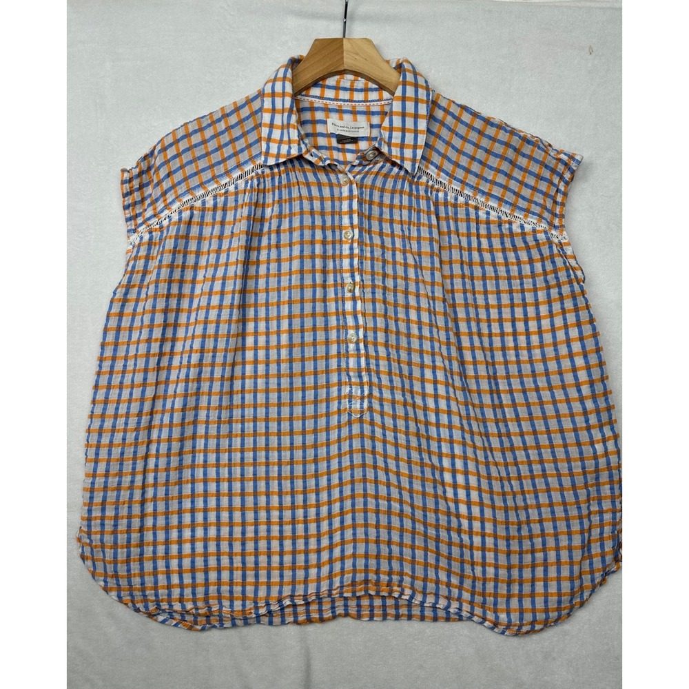 Anthropologie Pilcro Gingham Linen Blend Sleeveless Blouse Top Orange Blue Small